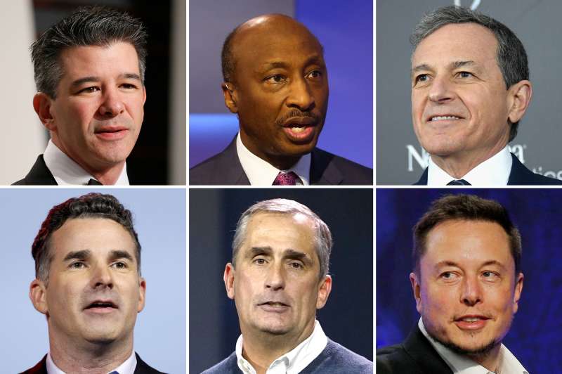 (top, left to right) Uber CEO Travis Kalanick, Merck Chairman and CEO Kenneth Frazier, CEO of Disney Bob Iger;(bottom, left to right) Under Armour CEO and Chairman Kevin Plank, Intel CEO Brian Krzanich, Tesla CEO Elon Musk.