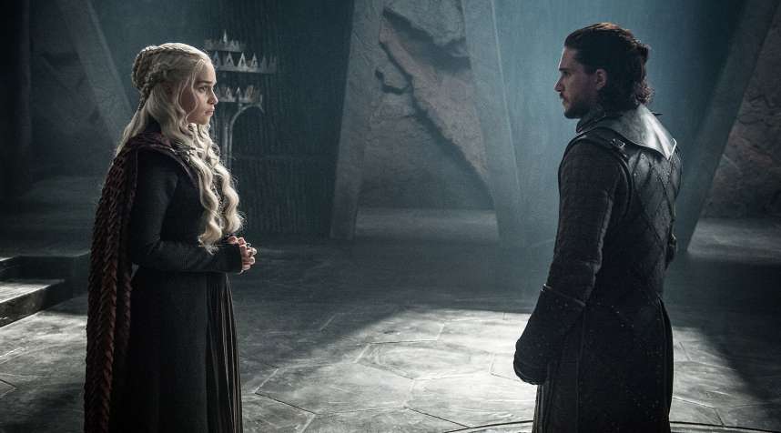 Emilia Clarke (Daenerys Targaryen) and Kit Harington (Jon Snow) in HBO's  Game of Thrones.