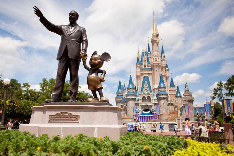 Partners, a statue of Walt Disney and Mickey Mouse, sits i