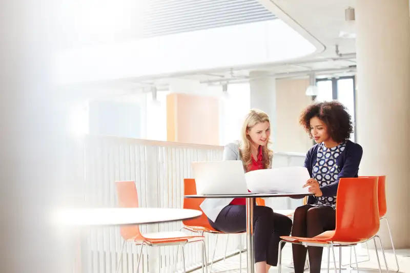 Two business women discussing a project.