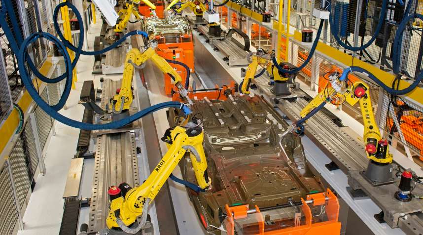 Robots at work at a Chrysler plant in Sterling Heights, Michigan.