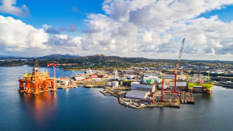 Oil rigs under maintenance near Bergen, Norway.