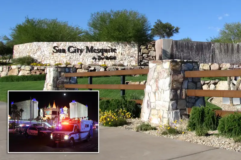 Sun City, Mesquite, Nevada; (inset) An ambulance leaves the intersection of Las Vegas Boulevard and Tropicana Ave. after a mass shooting at a country music festival nearby on October 2, 2017 in Las Vegas, Nevada. A gunman opened fire on a music festival in Las Vegas.