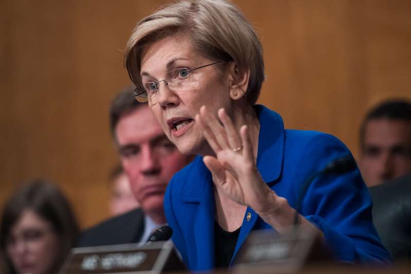 Sen. Elizabeth Warren, D-Mass., questions Richard Smith, CEO of Equifax, during a Senate Banking, Housing and Urban Affairs Committee hearing in Dirksen on the company's security breach on October 4, 2017.