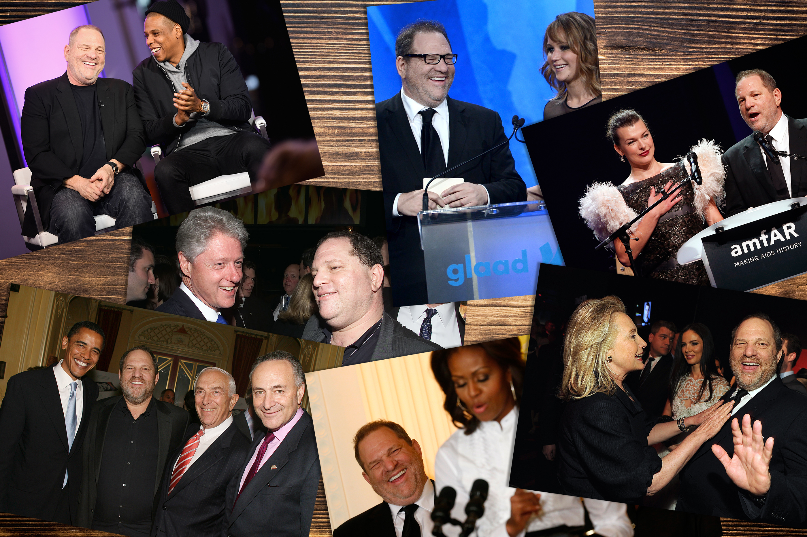 (Clockwise from top left) Harvey Weinstein and Jay Z speak onstage for SpikeTV, 2017; Weinstein and actress Jennifer Lawrence speak onstage during the 24th Annual GLAAD Media Awards; then-Secretary of State Hillary Rodham Clinton and Weinstein attend the TIME 100 Gala in 2012; Weinstein laughs at remarks directed at him by U.S. first lady Michelle Obama as she hosts a workshop at the White House for high school students about careers in film in Washington in 2013; President Bill Clinton and Weinstein at Hillary Clinton's birthday party in 2000; then-Sen. Obama, Weinstein, others attend a private dinner and screening in 2006.