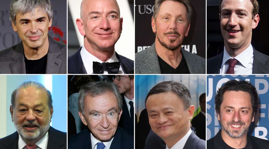 (Clockwise from top left) Larry Page, Jeff Bezos, Larry Ellison, Mark Zuckerberg, Sergei Brin, Jack Ma, Bernard Arnault, Carlos Slim.