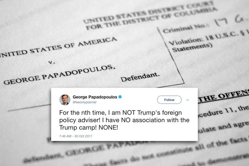 The Statement of Offense in the United States of America v. George Papadopoulos, as photographed Monday, Oct. 30, 2017. Papadopoulos pleaded guilty to lying to FBI agents in the Robert Mueller probe.