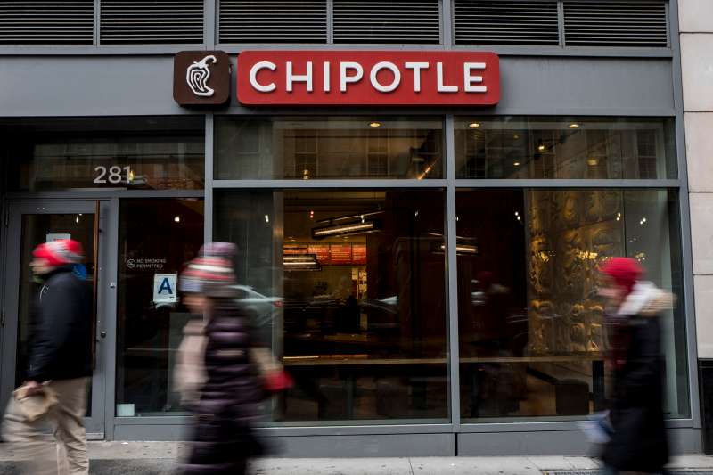 People walk past a Chipotle restaurant on Broadway in Lower Manhattan on Feb. 8, 2016 in New York City.