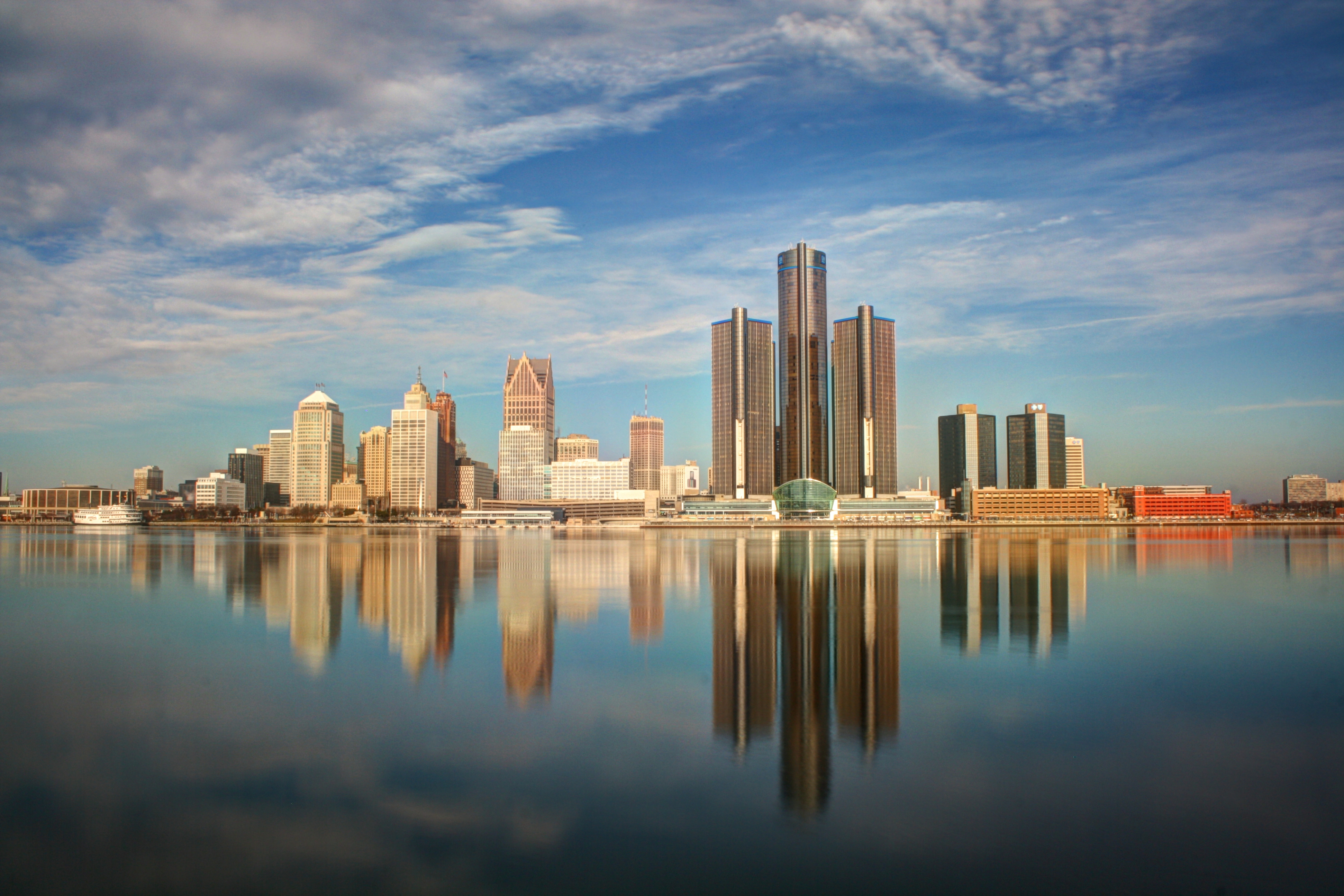 Detroit city reflection in river
