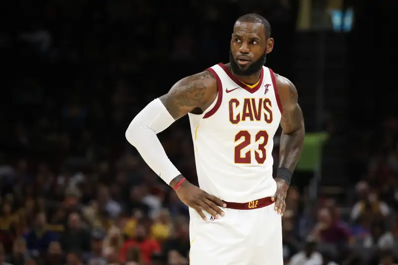 LeBron James #23 of the Cleveland Cavaliers looks on while playing the Chicago Bulls during a pre season game at Quicken Loans Arena on October 10, 2017 in Cleveland, Ohio.