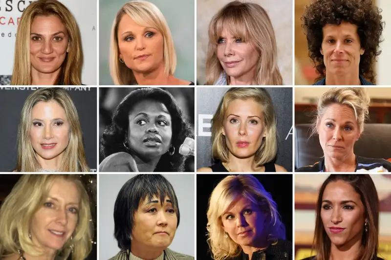 (top, l-r) Dana Min Goodman, Juliet Huddy, Rosanna Arquette, Andrea Constand; (middle, l-r) Mira Sorvino, Anita Hill, Tara Subkov, Beverly Bowman; (bottom, l-r) Kellie Boyle, Helen Gumpel, Gretchen Carlson, Julia Wolov.