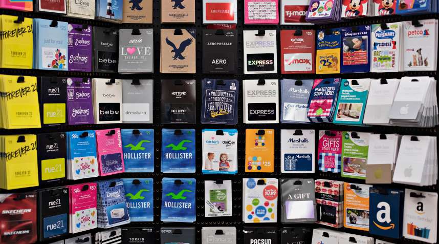 Gift cards are displayed for sale at a Kroger Co. store in Peoria, Illinois, on June 16, 2015.