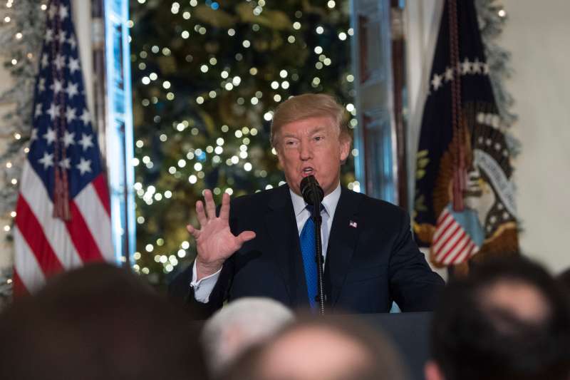 President Donald Trump speaks about tax reform legislation in the Grand Foyer of the White House in Washington, D.C., Dec.. 13, 2017