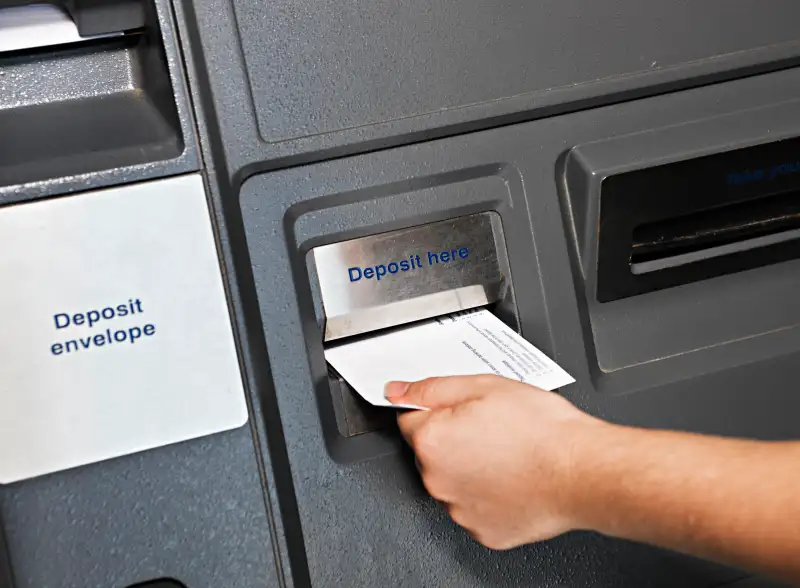 Hand places deposit envelope in ATM slot