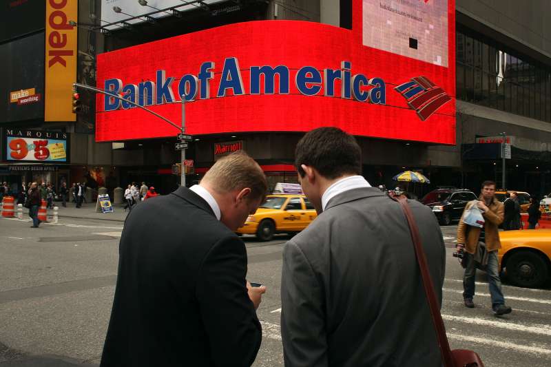 Two men outside a Bank of America in Times Square