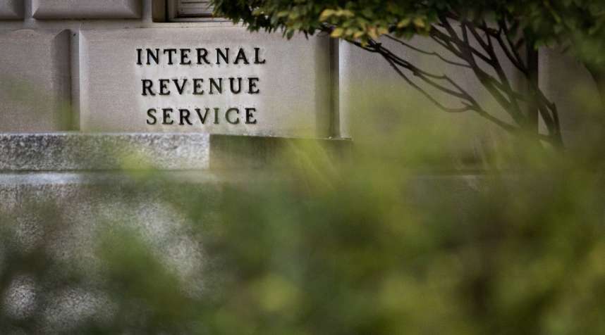 Signage is displayed outside the Internal Revenue Service (IRS) headquarters in Washington, D.C., U.S.