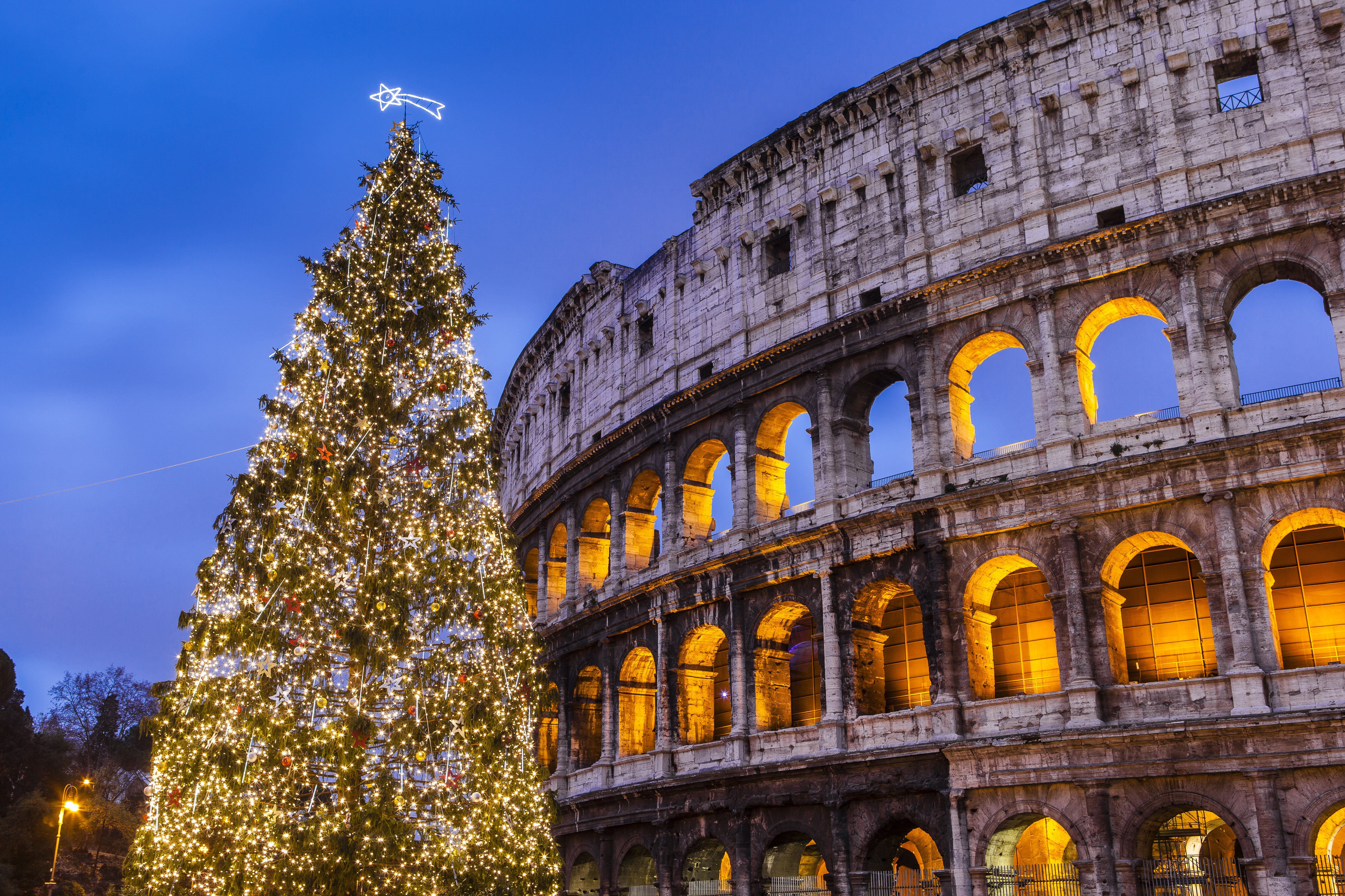 Christmas tree at Colosseum at dusk.