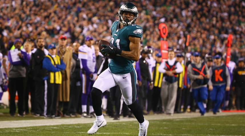 Patrick Robinson of the Philadelphia Eagles returns an interception for a touchdown against the Minnesota Vikings in the NFC Championship game on January 21, 2018.