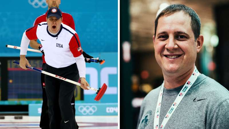 (Left) John Shuster of the USA competes against Switzerland during the Men's Curling Round Robin on day ten of the Sochi 2014 Winter Olympics at Ice Cube Curling Center on February 17, 2014 in Sochi, Russia; (right) John Schuster working at Dick’s Sporting Goods.