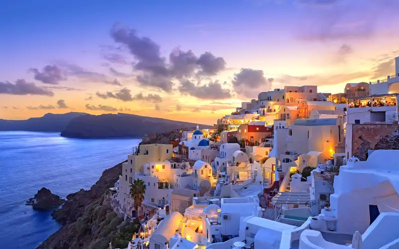Santorini sunset at dawn village of Oia Greece