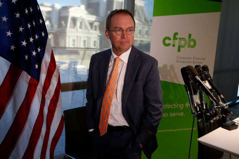 Office of Management and Budget (OMB) Director Mick Mulvaney arrives to speak to the media at the U.S. Consumer Financial Protection Bureau (CFPB),  where he began work earlier in the day after being named acting director by U.S. President Donald Trump in Washington November 27, 2017.