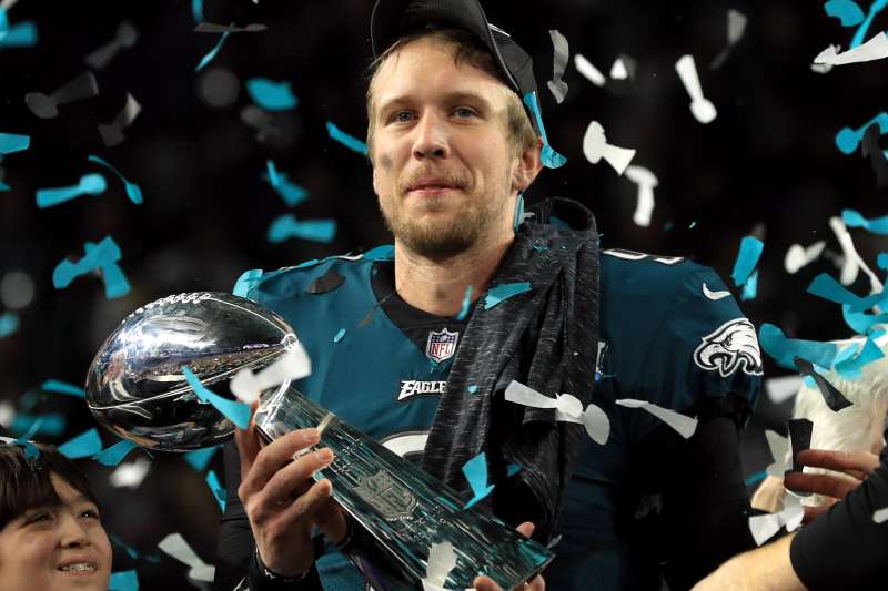Nick Foles #9 of the Philadelphia Eagles celebrates with the Lombardi Trophy after defeating the New England Patriots 41-33 in Super Bowl LII at U.S. Bank Stadium on February 4, 2018 in Minneapolis.