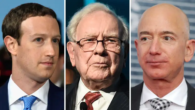 (L-R) Mark Zuckerberg, Warren Buffett, Jeff Bezos