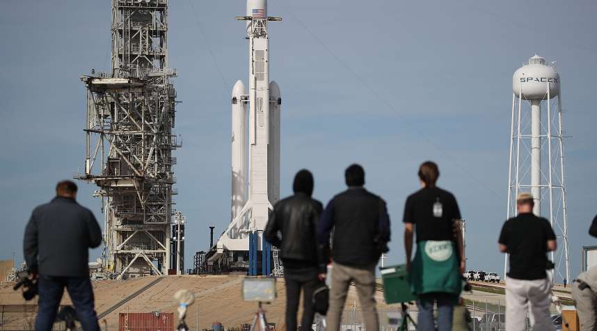 The SpaceX Falcon Heavy rocket sits on launch pad 39A at Kennedy Space Center in Cape Canaveral, Florida.