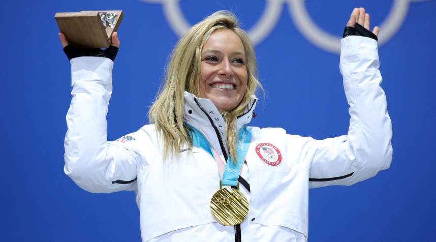 Gold medalist Jamie Anderson of the United States poses during the medal ceremony for Snowboard Ladies' Slopestyle at Medal Plaza on February 12, 2018 in Pyeongchang-gun, South Korea.