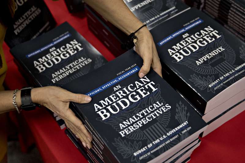 Copies of U.S. President Donald Trump's fiscal year 2019 budget request, An American Budget, are placed on display at the U.S. Government Publishing Office (GPO) library in Washington, D.C., on Feb. 12, 2018. Trump will propose cutting entitlement programs by $1.7 trillion, including Medicare, in a fiscal 2019 budget that seeks billions of dollars to build a border wall, improve veterans health care and combat opioid abuse and that is likely to be all but ignored by Congress.