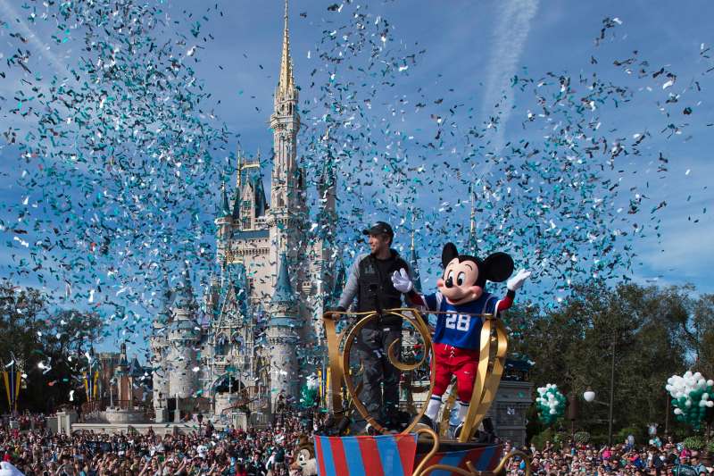 In this handout photo provided by Disney Resorts, Nick Foles of the Super Bowl LII winning team, the Philadelphia Eagles, celebrates in a Main Street parade at Walt Disney World on February 5, 2018 in Lake Buena Vista, Florida.