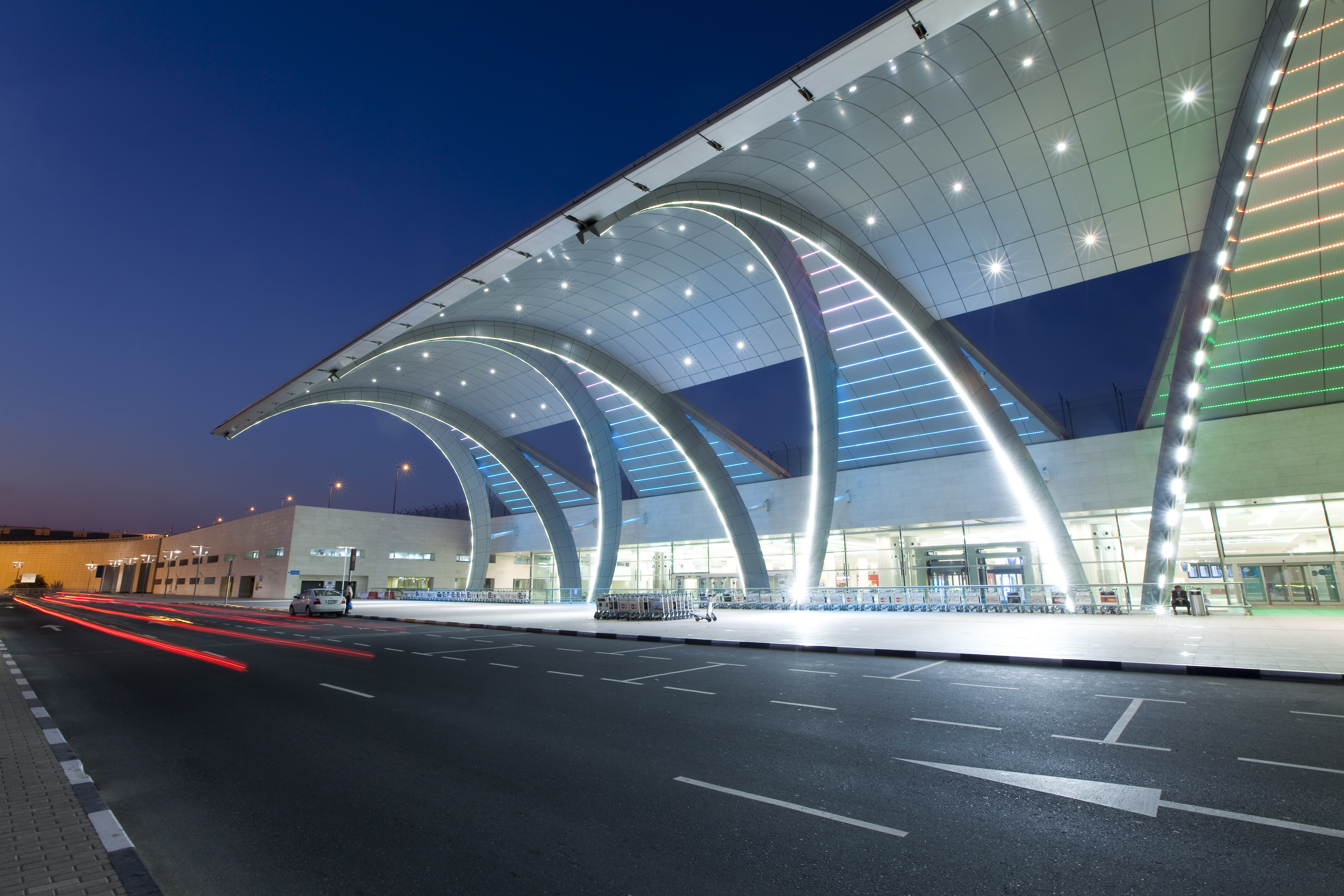 Stylish modern architecture of Terminal 3 opened in 2010, Dubai International Airport, Dubai, United Arab Emirates, Middle East