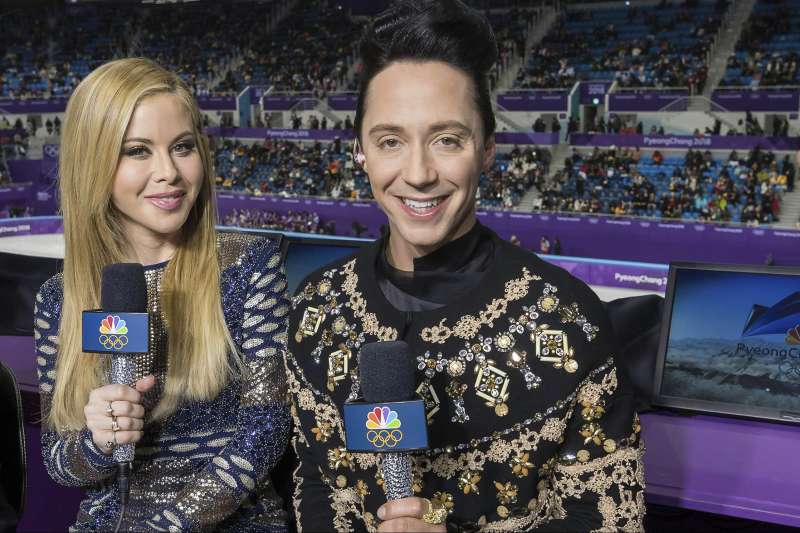 Commentators Tara Lipinski, and Johnny Weir during the men's figure skating long program event of the 2018 Winter Olympics in the Gangneung Ice Arenaon Feb. 17, 2018.