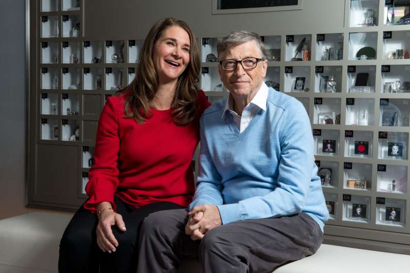 Bill Gates and Melinda Gates pose for a portrait in their personal office