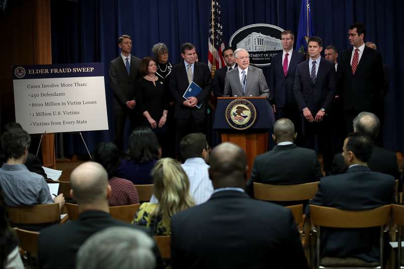 U.S. Attorney General Jeff Sessions speaks during a press conference at the Department of Justice February 22, 2018 in Washington, DC. Sessions, recently pressed on investigations involving Russia by U.S. President Donald Trump on Twitter, announced new actions to combat schemes to defraud elderly Americans during the press confernce.