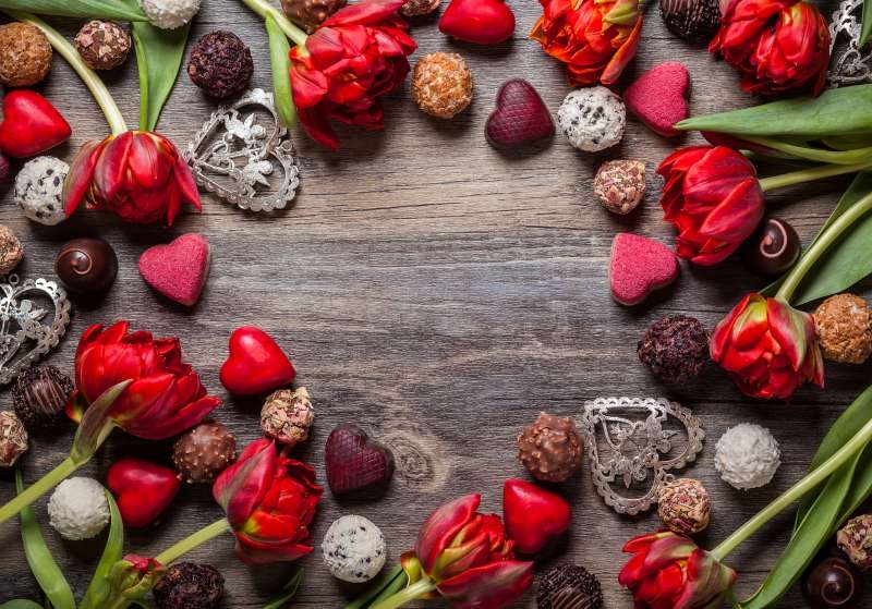 chocolate truffles with red flowers