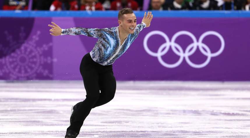 Adam Rippon of the United States competes in the Figure Skating Team Event Men's Single Free Skating on day three of the PyeongChang 2018 Winter Olympic Games at Gangneung Ice Arena on February 12, 2018 in Gangneung, South Korea.