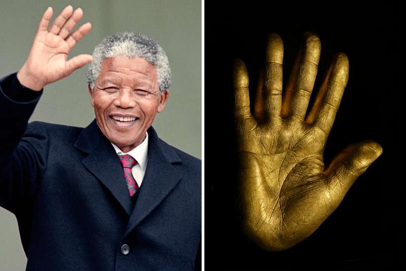 (left) South African anti-apartheid leader and African National Congress (ANC) member Nelson Mandela waves to the press as he arrives at the Elysee Palace, June 7 1990, in Paris, to have talks with French president Francois Mitterrand. (right) At the auction of Nelson Mandela's artwork from Robben Island, his former prison, a solid fine gold casting of Mandela's right hand was auctioned. A Johannesburg carpet dealer, Shraga Vidavsky, bought the hand for Rands 425,000 (approximately US$53,000.) The hand, 3 kilograms of pure gold, bears his signature and one of the years of his imprisonment on the back. The hand was cast by South African Harmony Gold Company. Twenty-seven hands will be made for auction, one for each year of imprisonment. The proceeds from the auction of the gold hands and of Mandela's artwork will benefit the  Nelson Mandela Trust  and the charities it supports.