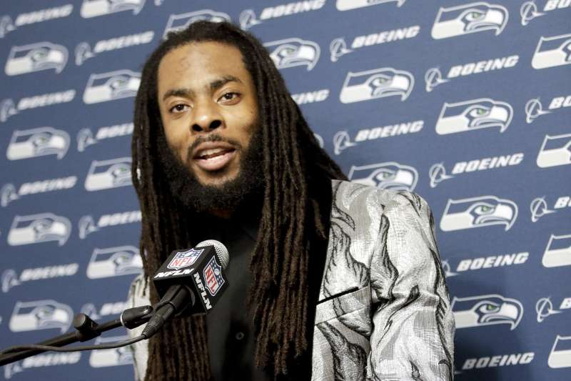 Seattle Seahawks cornerback Richard Sherman talks during a news conference after an NFL football game against the Los Angeles Rams, in Los Angeles, October 8, 2017.