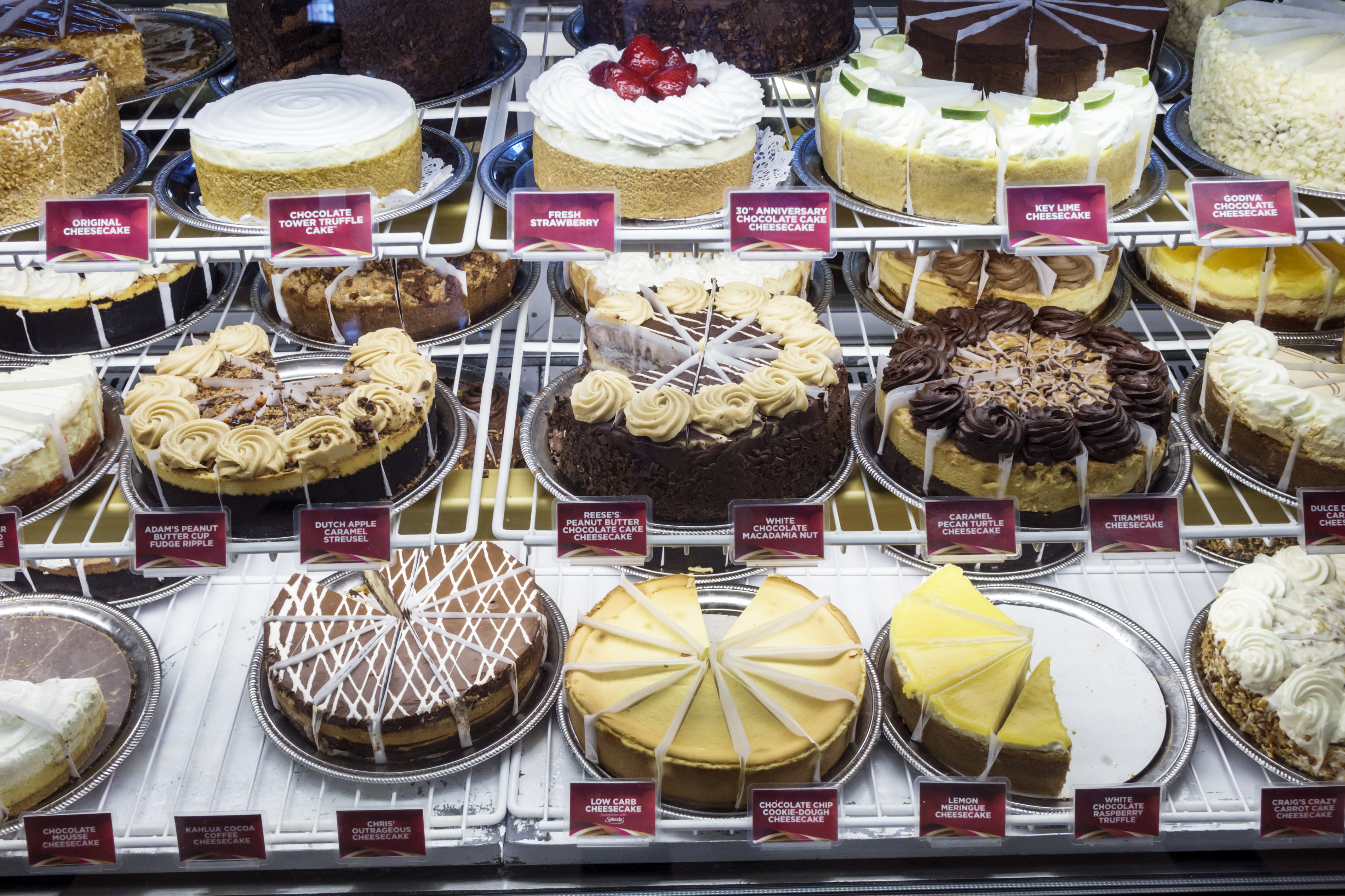The refrigerated display case at the Cheesecake Factory at Coastland Center Shopping Mall.