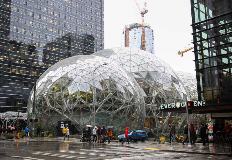 The Amazon Spheres are seen from 6th Avenue in Seattle