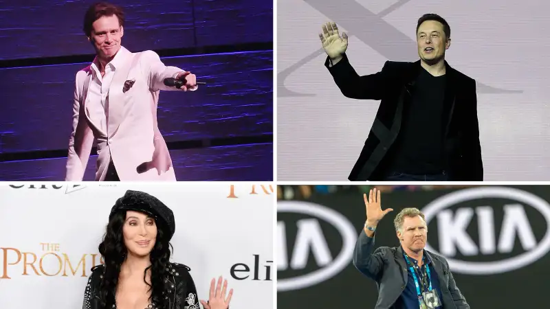 (clockwise from top left) Jim Carrey, Elon Musk, Will Ferrell, Cher