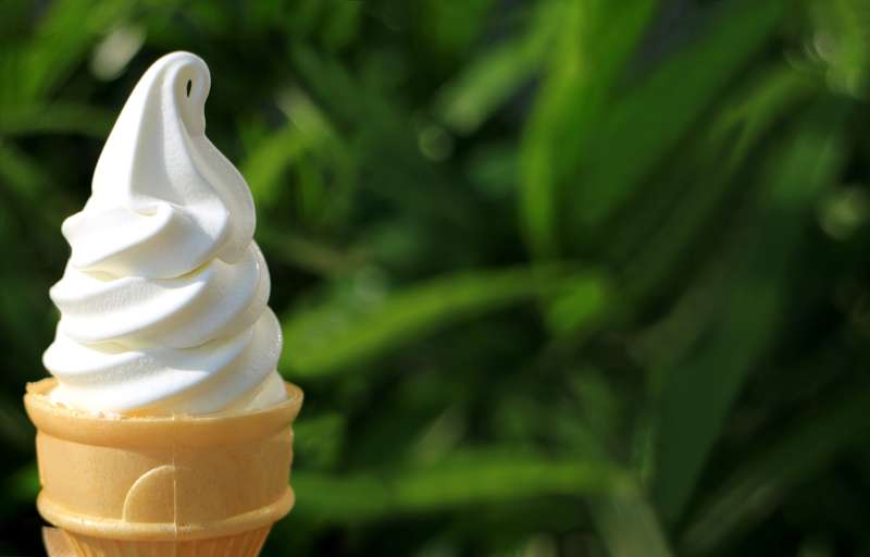 Pure White Vanilla Soft Serve Ice Cream Cone in Sunlight with Blurred Green Foliage in Background