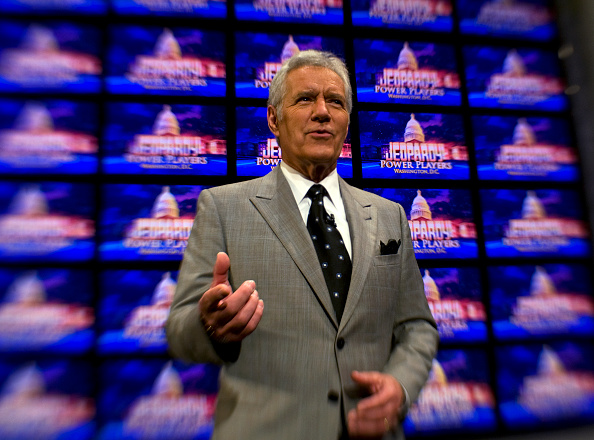 Host Alex Trebek poses on the set of Jeopardy on April 21, 2012.