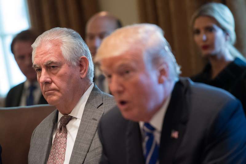 Secretary of State Rex Tillerson listens as President Donald Trump speaks during a cabinet meeting at the White House on November 20, 2017.