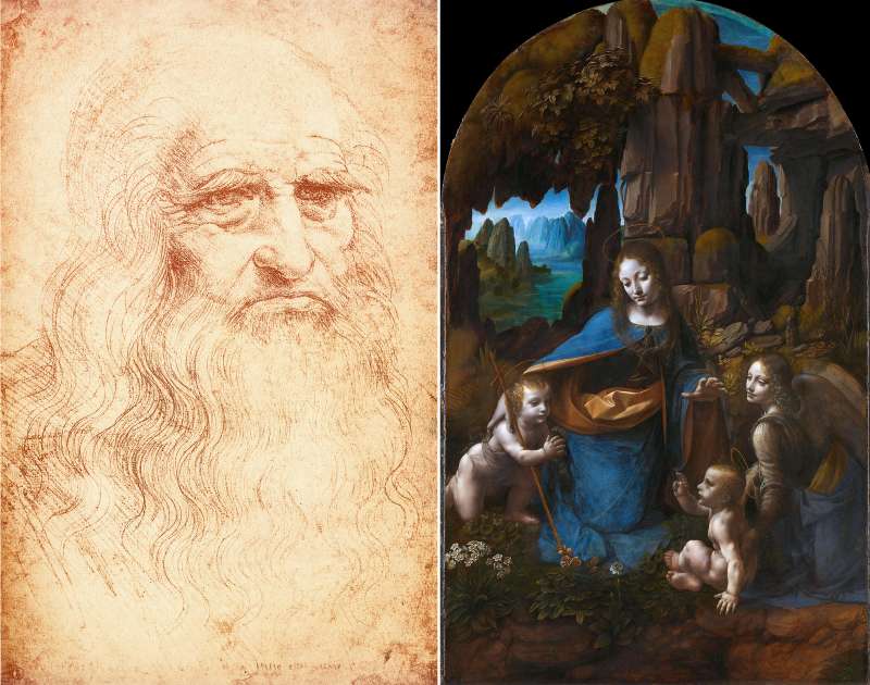 (left) Leonardo da Vinci self-portrait ca. 1515, Biblioteca Reale, Torino, Italy; (right) The Virgin of the Rocks, an elaborate sculpted altar was commissioned by the Milanese Confraternity of the Immaculate Conception for their oratory in San Francesco in 1480.
