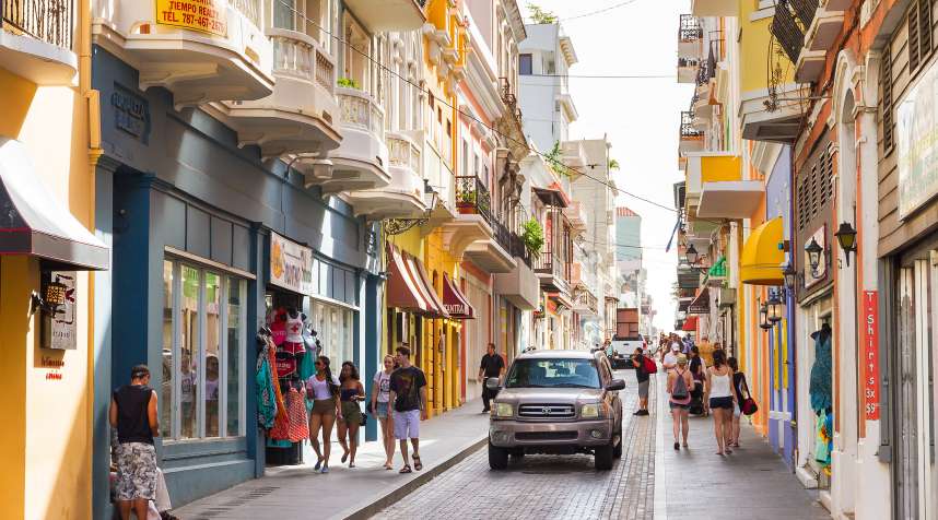 People shopping in the main street in San Juan, Puerto Rico.
