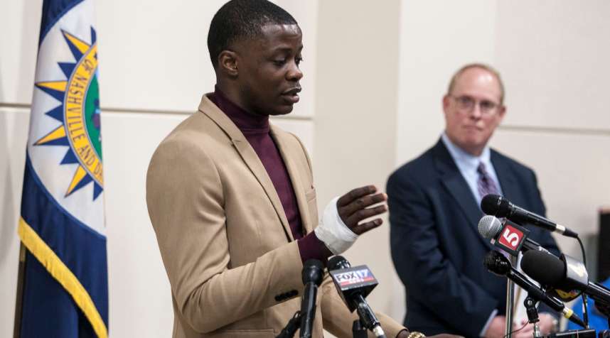 James Shaw Jr., hailed as a hero after he wrestled an assault rifle away from gunman at a Waffle House Restaurant, speaks during a press conference in Nashville, Tennessee, April 22, 2018. Shaw said that he was simply trying to save himself and it worked out well for others. The gunman killed four and injured several others. He escaped and remains on the loose.