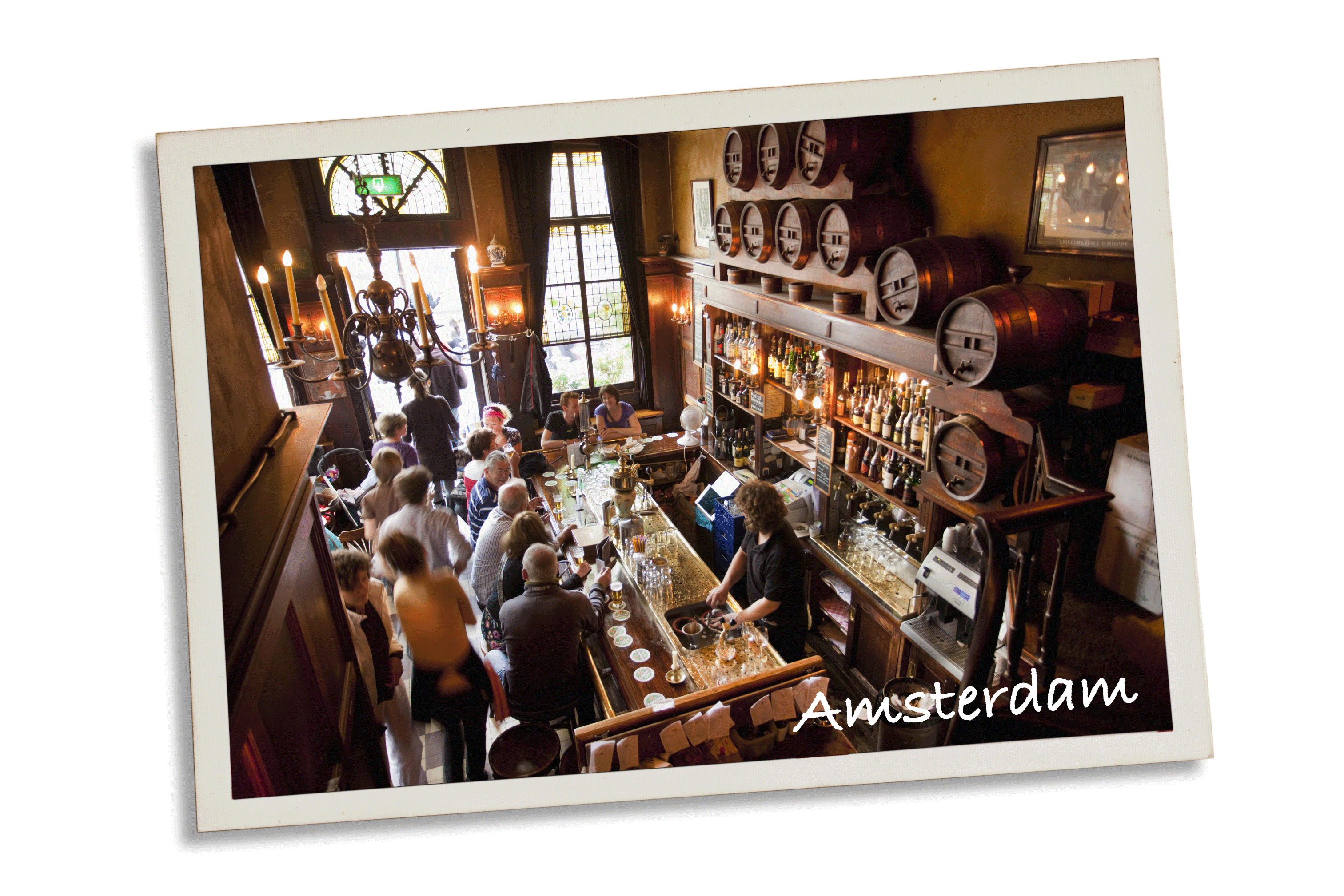 (Amsterdam) Brown Cafe, pub called Het Smalle, Amsterdam, The Netherlands; (Budapest) The Szimpla Kert one of the oldest and most famous Ruin-pubs in Budapest, Hungary.