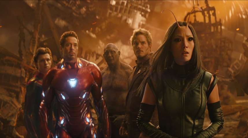 Left to Right: Spider-Man/Peter Parker (Tom Holland), Iron Man/Tony Stark (Robert Downey Jr.), Drax (Dave Bautista), Star-Lord/Peter Quill (Chris Pratt) and Mantis (Pom Klementieff) in Avengers: Infinity War